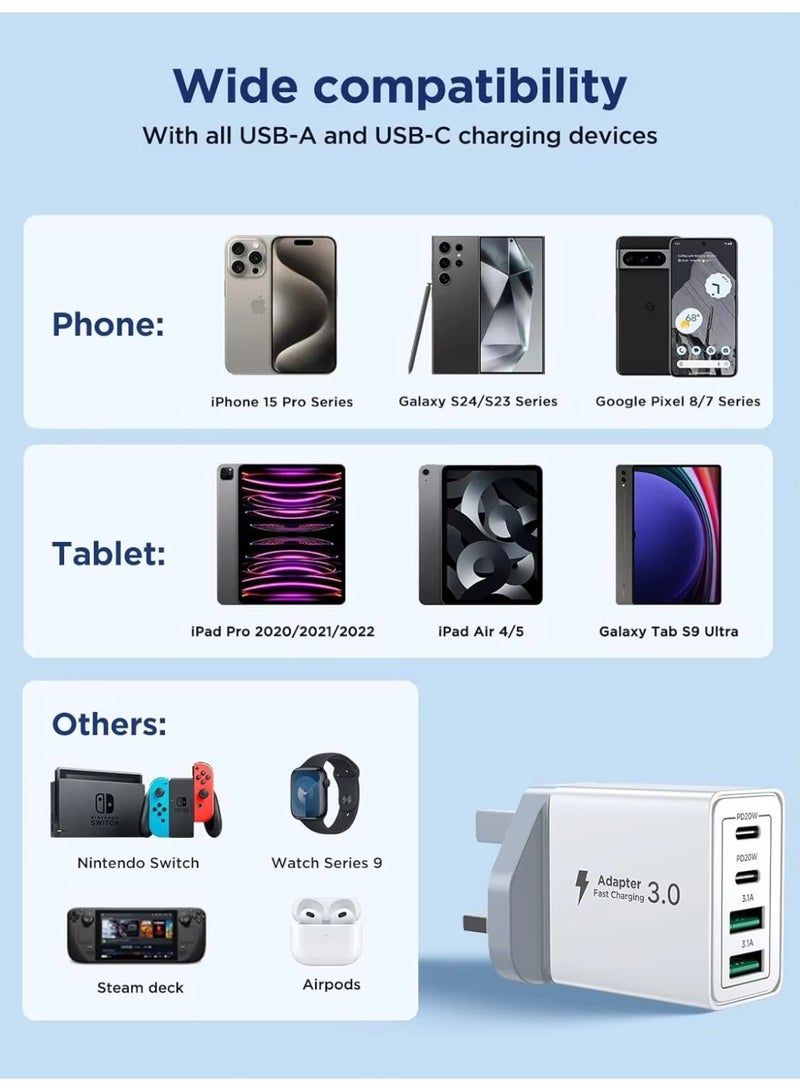 محول جدار 40W 4 منافذ (2 USB-C + 2 USB-A) - شاحن سريع يدعم PD و QC 3.0، مقبس بريطاني (UK Plug) - Image 4